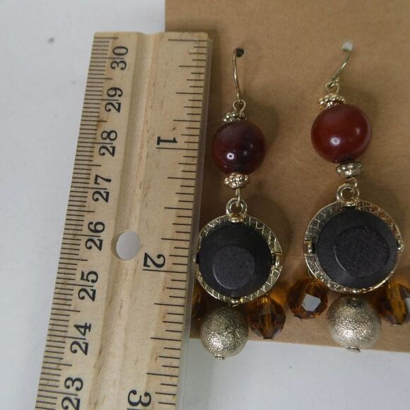 Gold Tone Beaded Dangle Fishhook Pierced Earrings Boho Festival Brown Amber - Picture 5 of 7